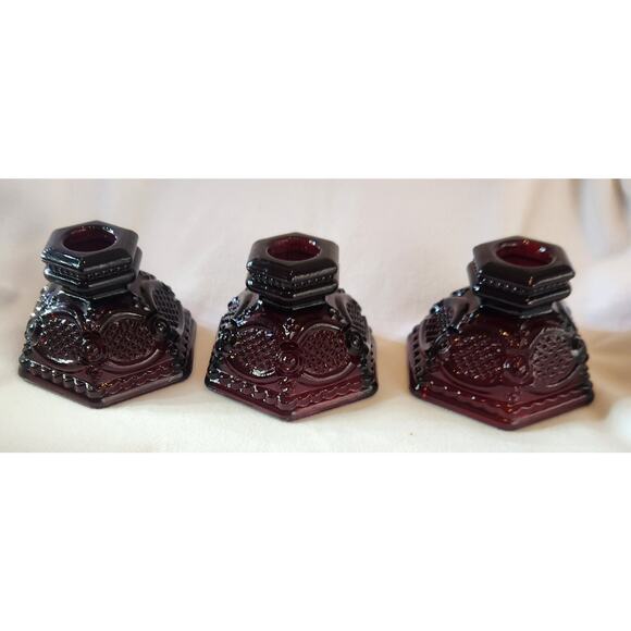 Avon 1876 Cape Cod Ruby Red Candle Holders Set of 3 Hex Taper Holders USA - Picture 2 of 6